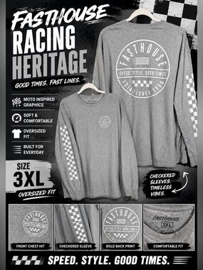 Fasthouse Gray Long Sleeve Graphic Tee 3XL Checkerboard Racing Shirt